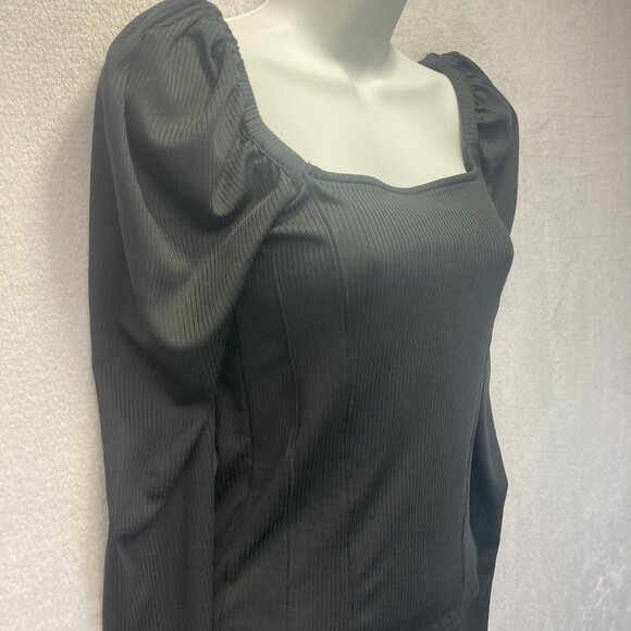 Free People Puff Shoulder Square Neck Shirt Womens Medium M Black Ribbed Stretch - Picture 12 of 13